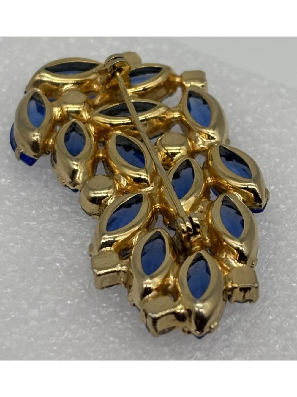 Vintage Blue Navette and Clear Prong-Set Rhinestone Brooch Open Back, Not Signed